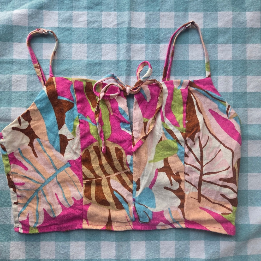 Tropical Leaf Print Crop Top Linen Blend Resortwear Tie-Front Cami Small